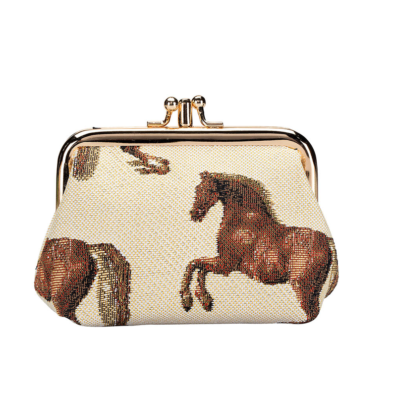 Tan frame coin clasp purse with brown horse print, metal clasp at top