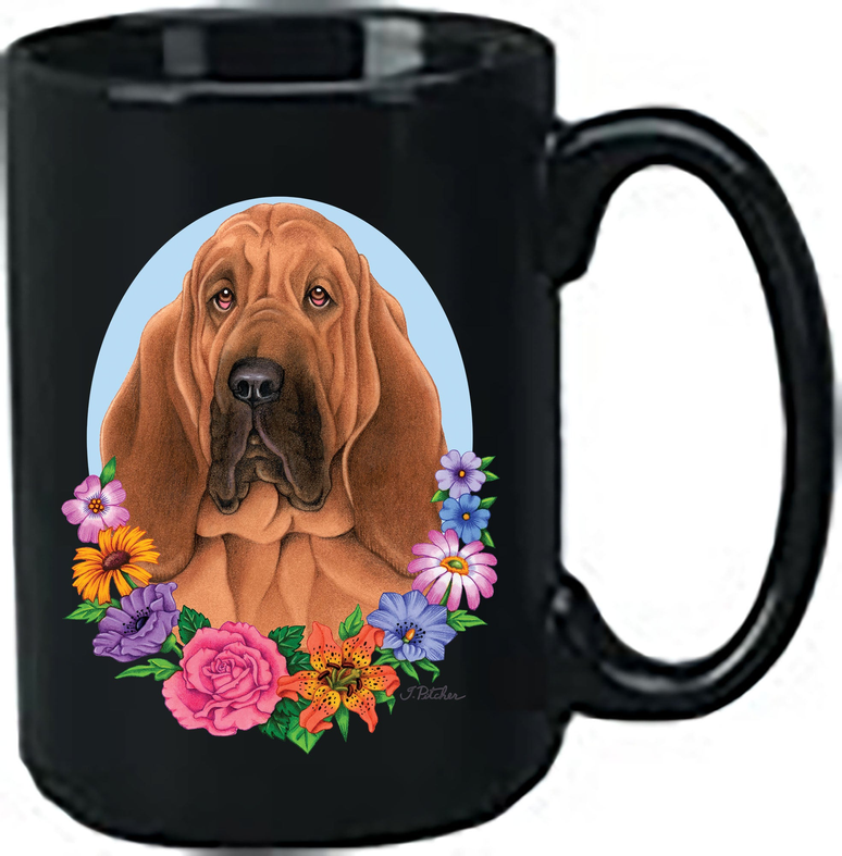 Black ceramic mug with brown Bloodhound floral graphic, 15oz