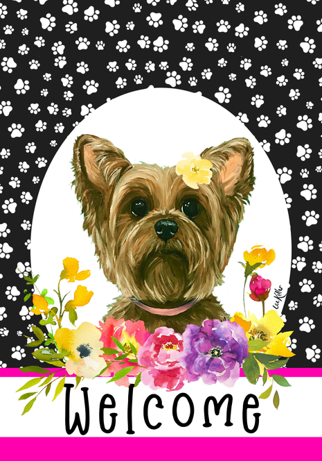 Yorkshire terrier welcome garden flag with floral dog portrait and paw-print border
