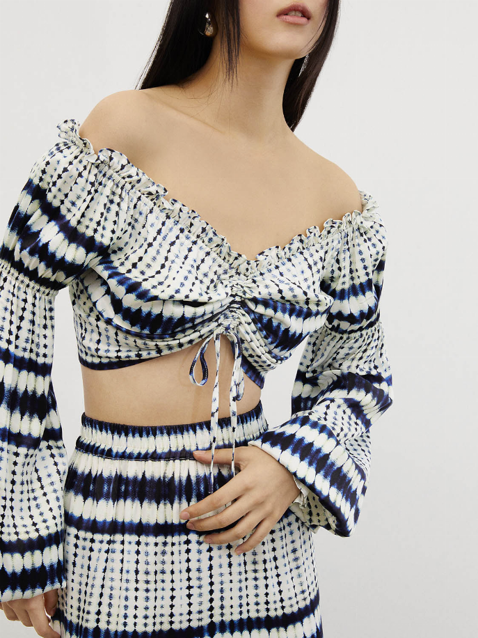 Off-shoulder crop top in cream and navy stripes with tied front drawstring