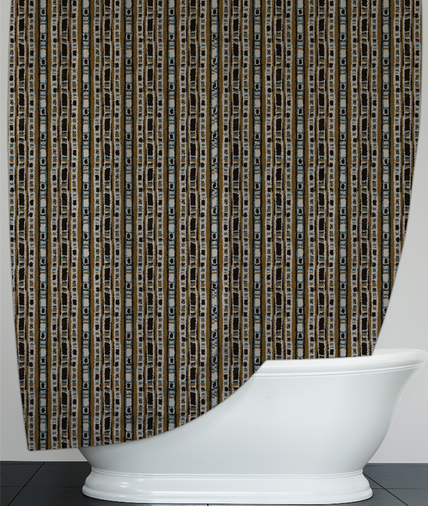 Vertical striped shower curtain in dark tones with gold and blue accents