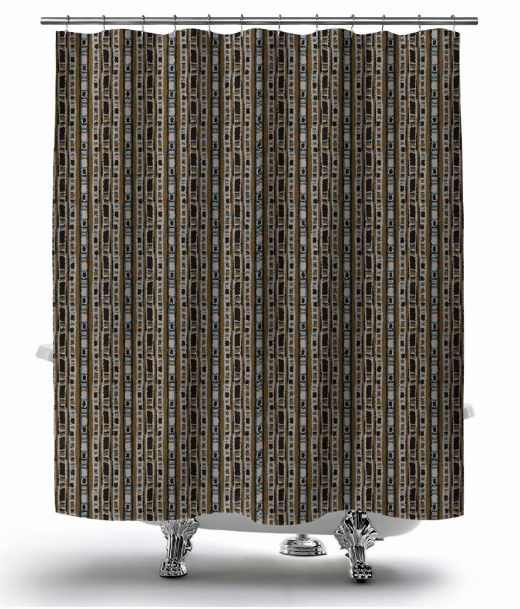 Dark vertical striped shower curtain with metal grommets and top rod hooks