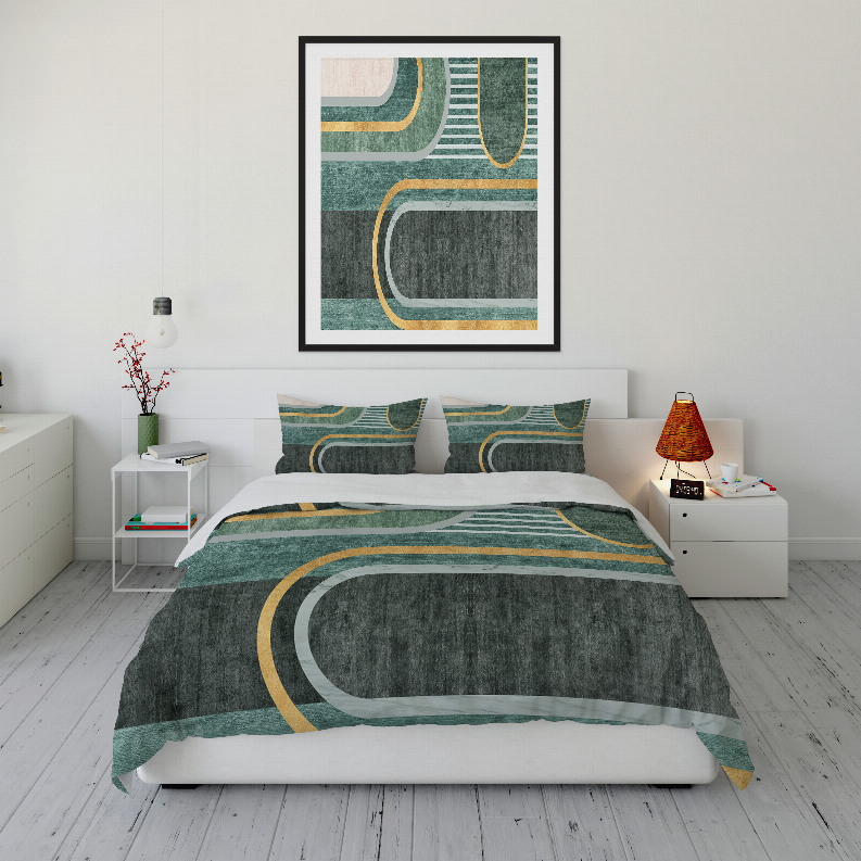 Teal, gray, and gold geometric bedding set with comforter and two matching pillows