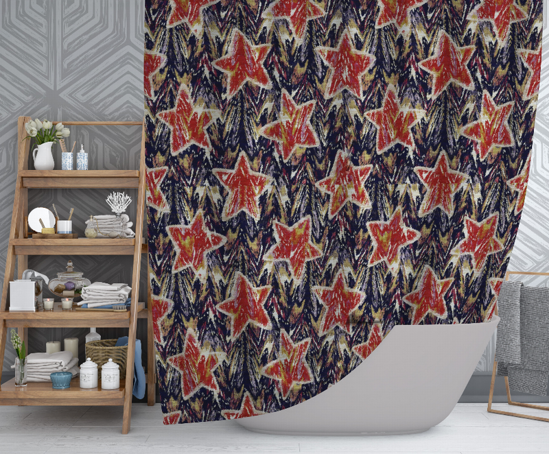 Multi-color shower curtain with all-over red and navy star print, curved hanging edge
