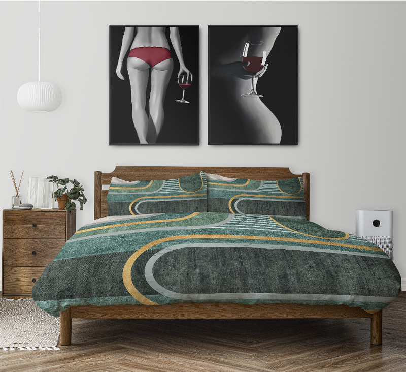 Geometric comforter set with green, dark gray and gold stripe pattern; matching pillow shams