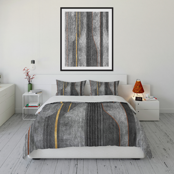 Gray comforter set with vertical striped design and matching pillow shams