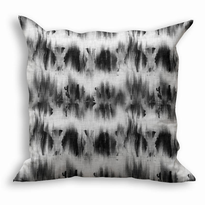Square throw pillow with black-and-gray tie-dye pattern on a light base.