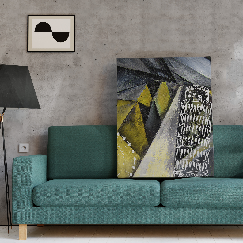 Pisa art print in black frame, abstract geometry with yellow panels and leaning tower
