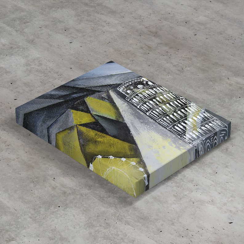 Pisa art print close-up, leaning tower in grayscale with yellow and blue geometric shapes