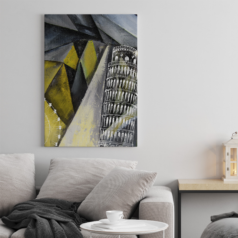 Pisa art print in frame, grayscale leaning tower with yellow and blue abstract facets