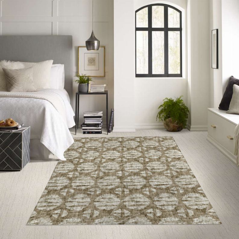 Low pile multi-tone geometric area rug in light beige and olive tones