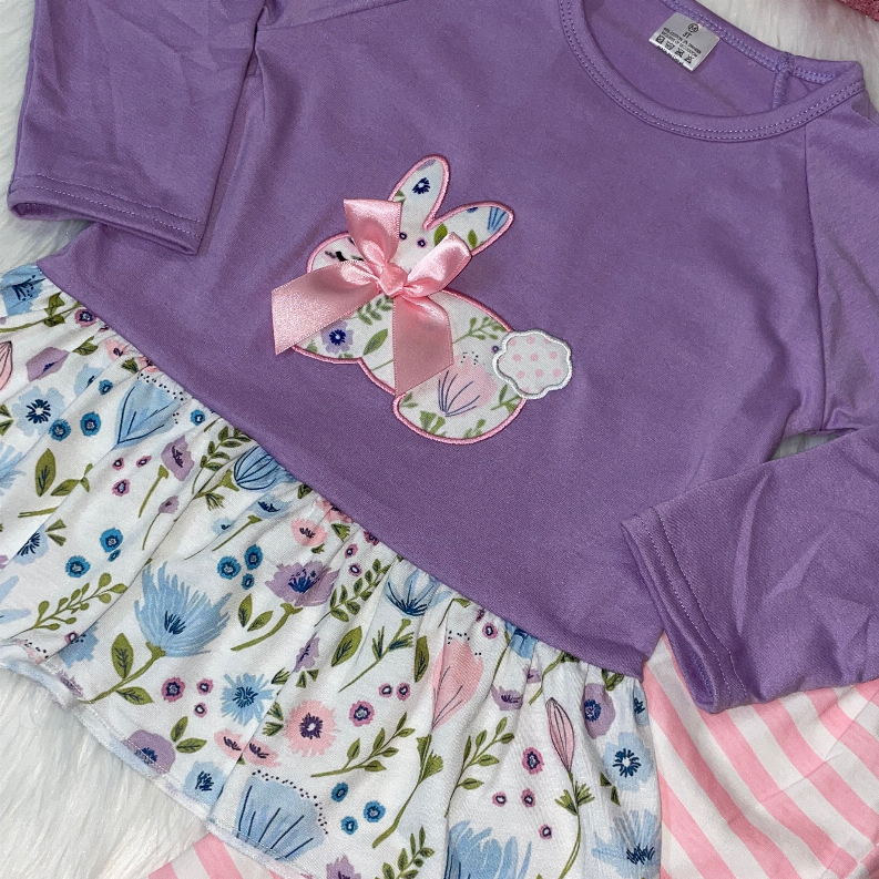 Purple long-sleeve bunny tunic with bow applique and floral ruffle hem