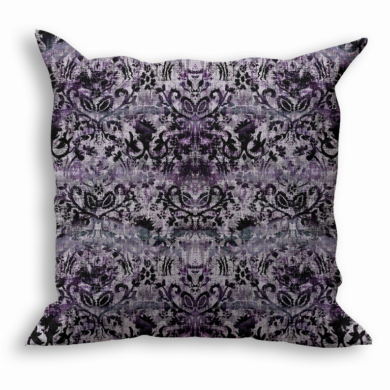 Purple and black damask-style throw pillow, square with all-over ornate pattern