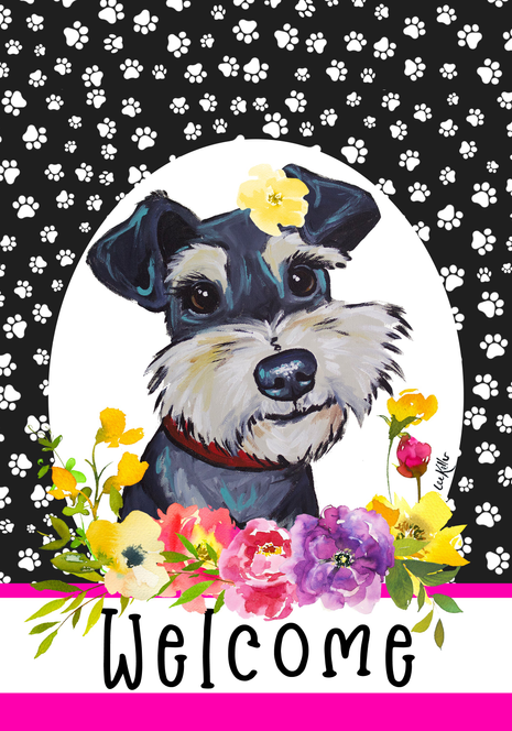 Hippie Hound Studios house & garden flag with Schnauzer dog, paw prints, and flowers