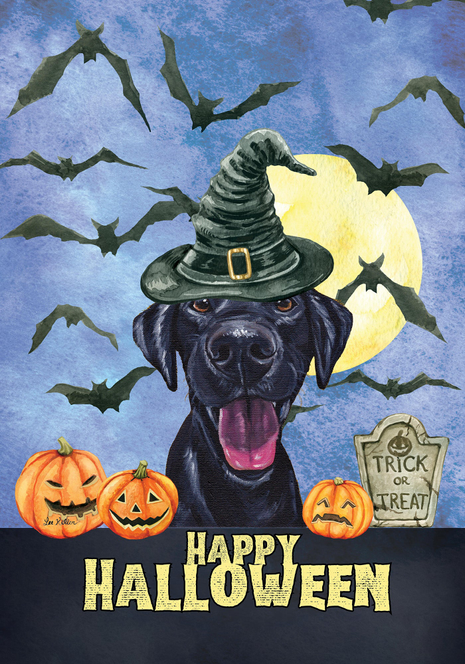 Halloween garden flag with black Labrador in witch hat, pumpkins, bats, 'Happy Halloween'