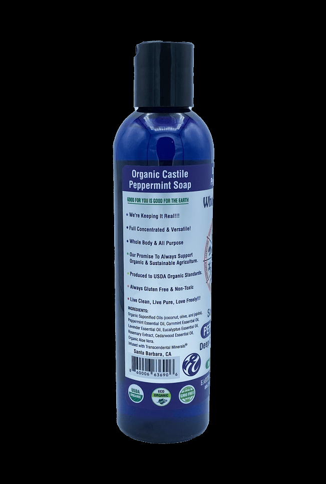 Organic castile peppermint soap bottle back label with usage directions and recycling icons