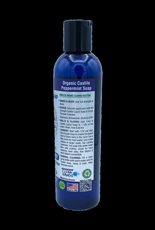 Organic castile liquid soap bottle back label with ingredients list and 'Made in USA' marks