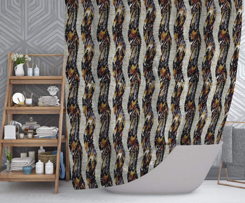 Multicolor shower curtain featuring an abstract feather pattern, scalloped fabric edge