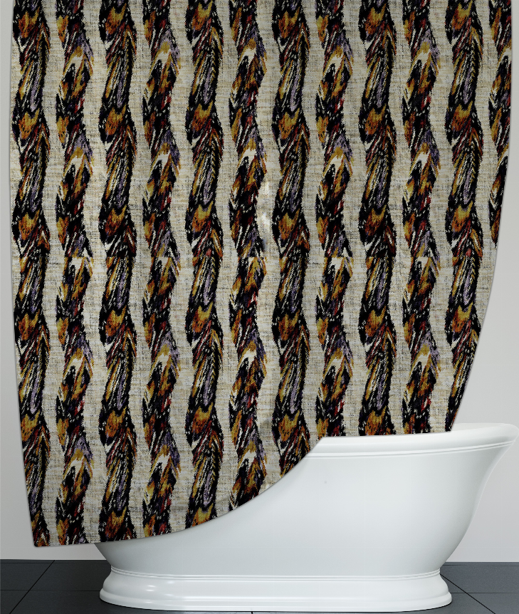 Multicolor shower curtain with repeating abstract feather pattern over a bathtub
