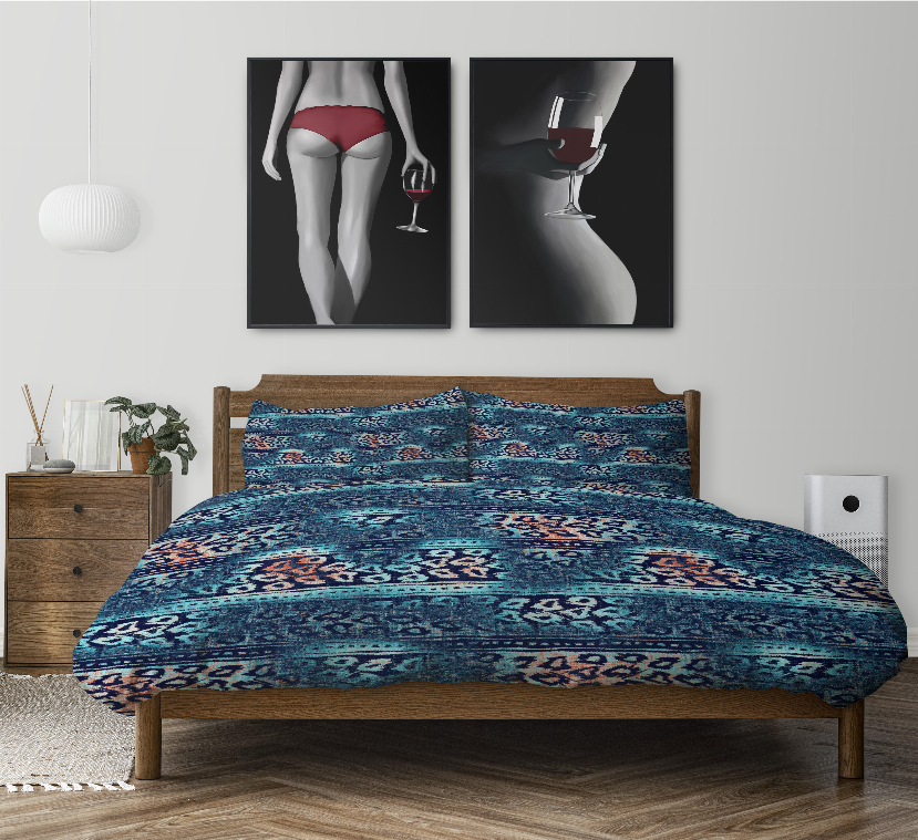 Blue patterned comforter set with two matching pillow shams