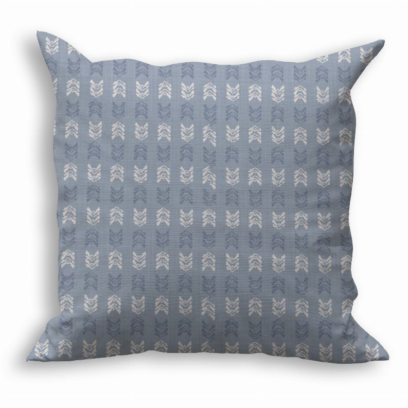 Light blue square throw pillow with repeating arrow pattern and stitched edges