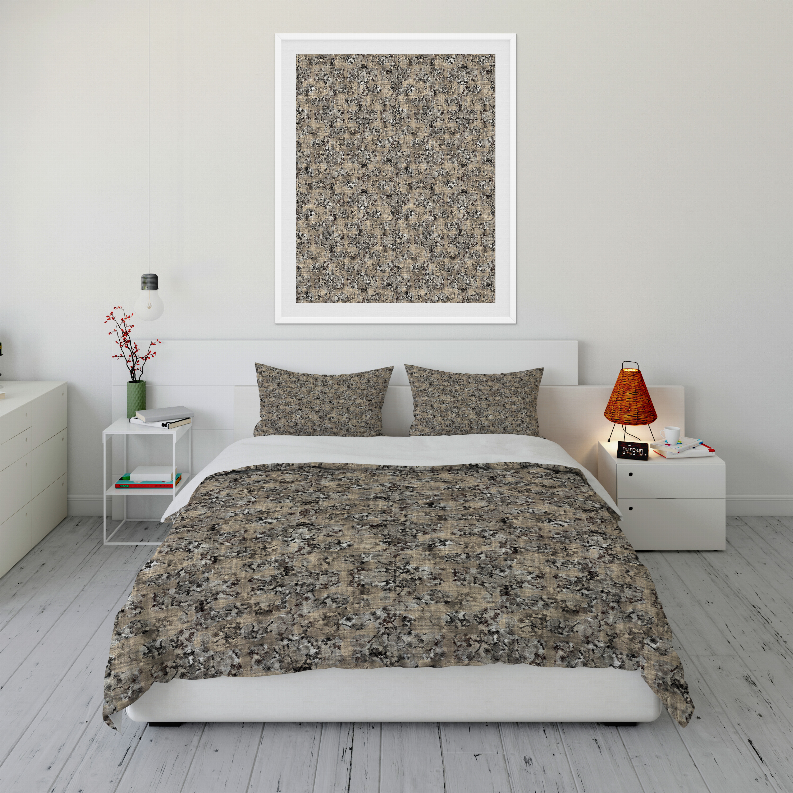 Gray-and-tan speckled comforter with two matching square pillow shams
