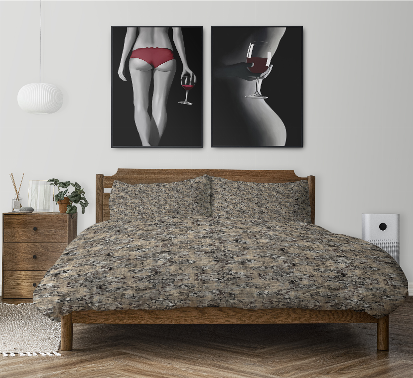 Speckled comforter set with two matching pillow shams in gray and tan flecks