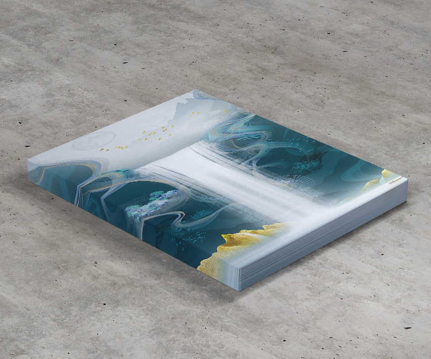 Waterfall art print showing teal ocean swirls, bright waterfall, and gold specks from the side