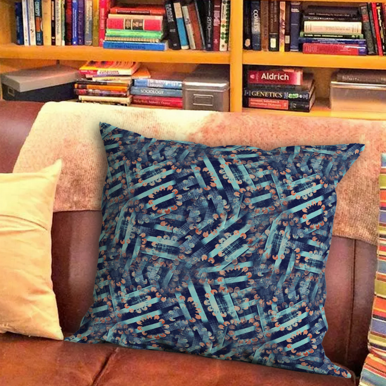 Guitar print throw pillow in blue with multicolor accents, on sofa