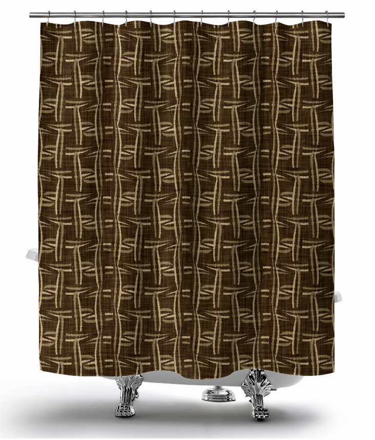 Brown shower curtain with tan lattice pattern and metal grommets