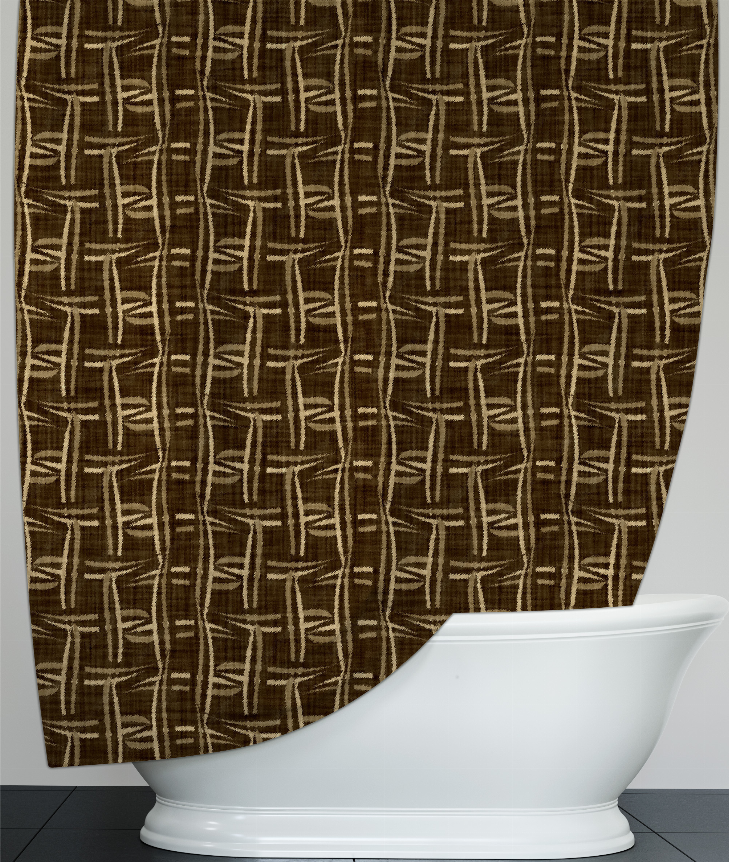Brown shower curtain with tan grid pattern and curved hem