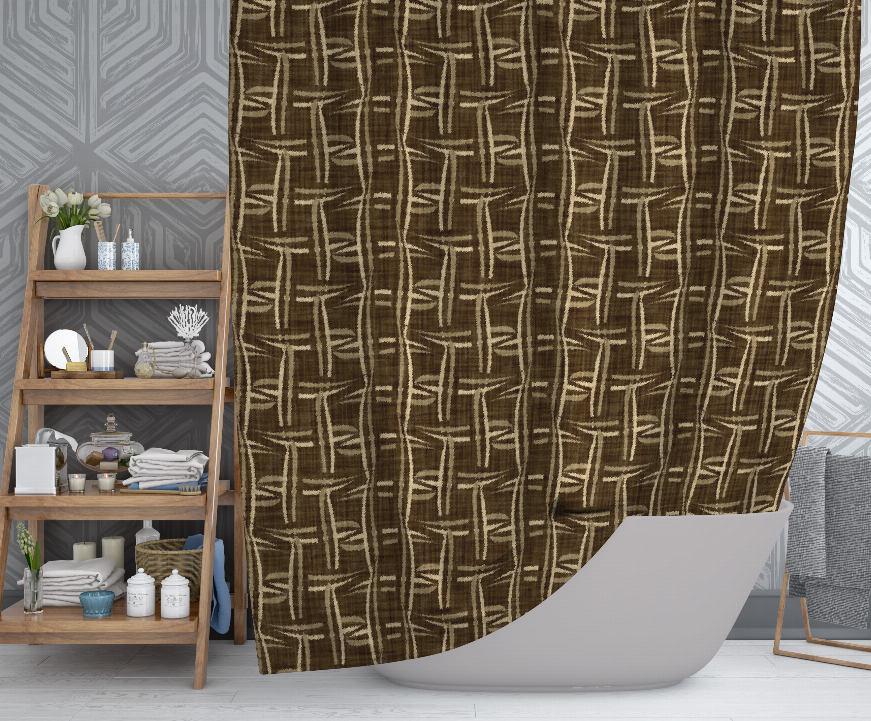 Brown shower curtain with tan abstract lattice pattern, full width view