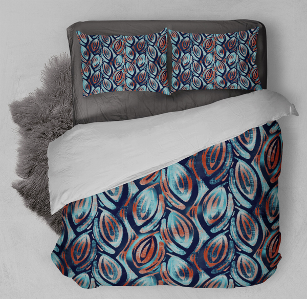 Duvet cover set with blue and orange oval swirl pattern, includes duvet and 2 pillowcases