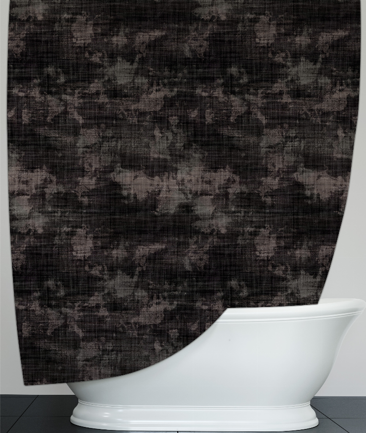 Dark gray textured shower curtain covering bathtub, curved bottom hem