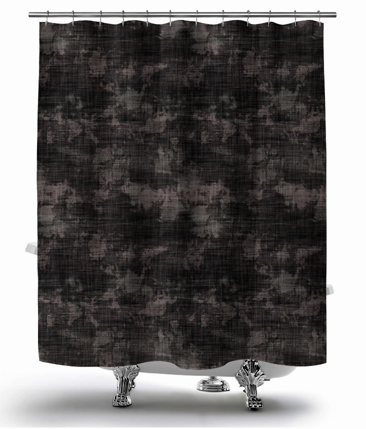 Dark gray textured shower curtain on metal rod with top grommets