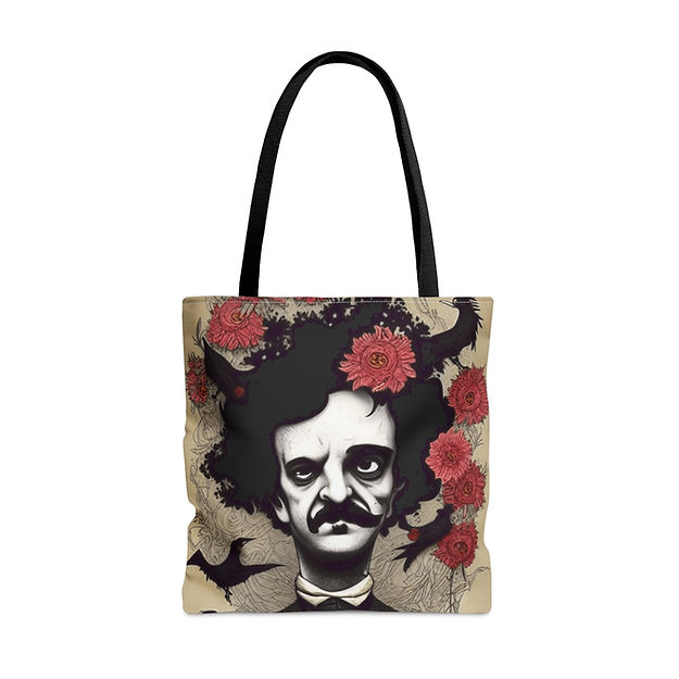 Medium tote bag with Poe portrait print, red roses, black handles