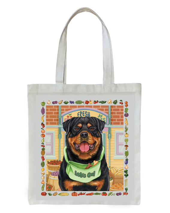 Rottweiler dog breed tote bag with cartoon portrait graphic and colorful border