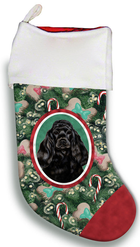 Black cocker spaniel Christmas stocking, green pattern, red toe, white cuff