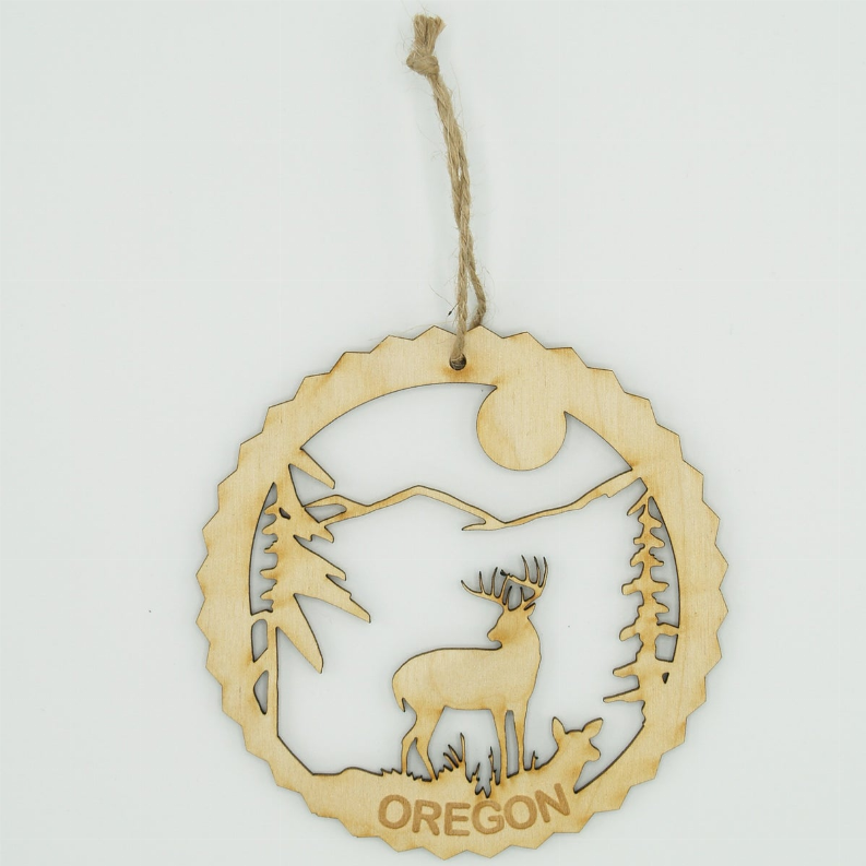 Deer outline unfinished ornament, circular pine wreath with Oregon lettering and twine loop