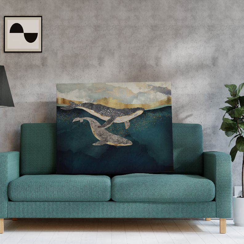 Framed art print with two humpback whales over blue ocean water and sandy clouds