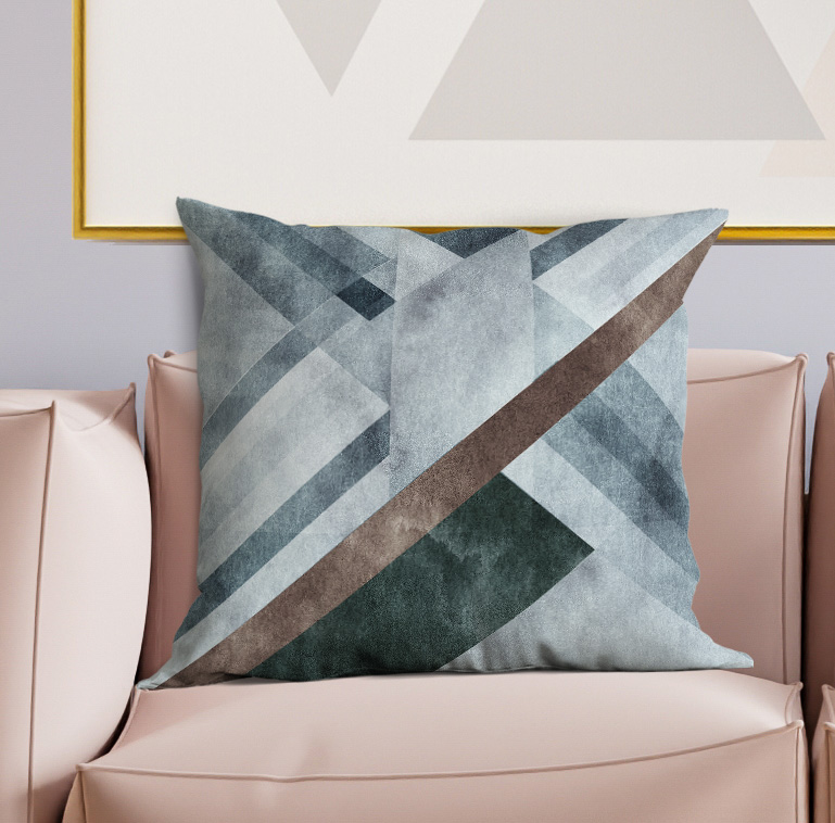 Geometric patterned throw pillow cover, blue gray and dark green accents