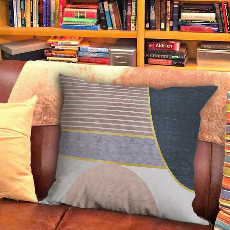 Multicolor square throw pillow with grey and beige stripes, dark blue edge, yellow trim