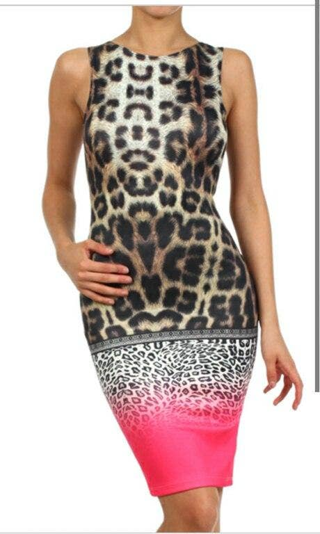 Animal print ombre bodycon midi dress with sleeveless high neck and pink hem