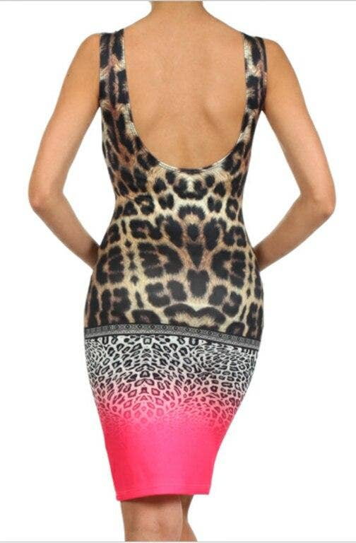 Animal print ombre fuchsia bodycon midi dress, scoop back, sleeveless leopard print