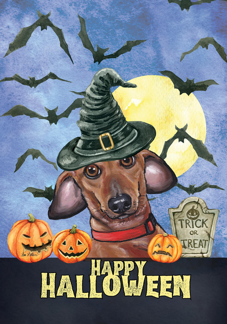 Halloween dachshund in witch hat garden flag with Trick or Treat and Happy Halloween text