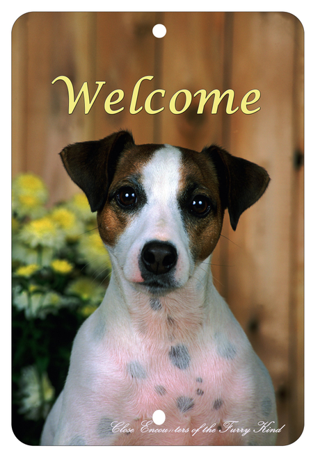 Indoor/outdoor aluminum sign with Jack Russell Terrier portrait and "Welcome" text