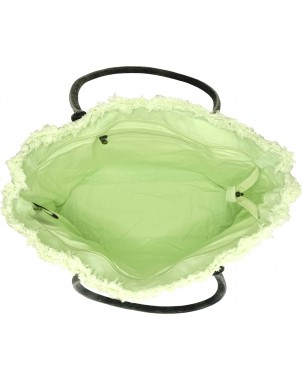 Open light green tote bag with black handles and a lined interior.
