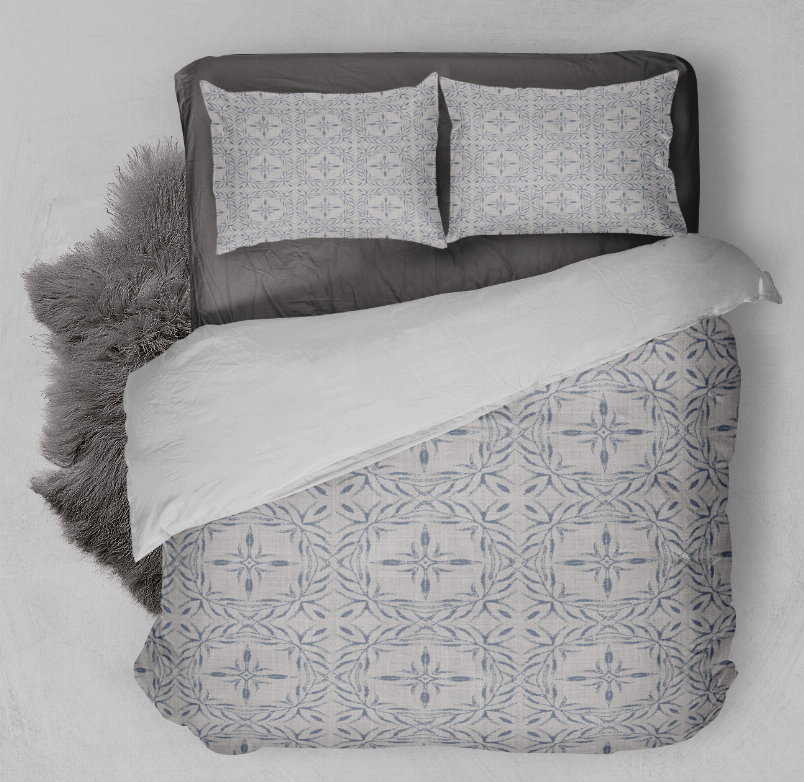 Blue floral-pattern comforter with two matching pillow shams