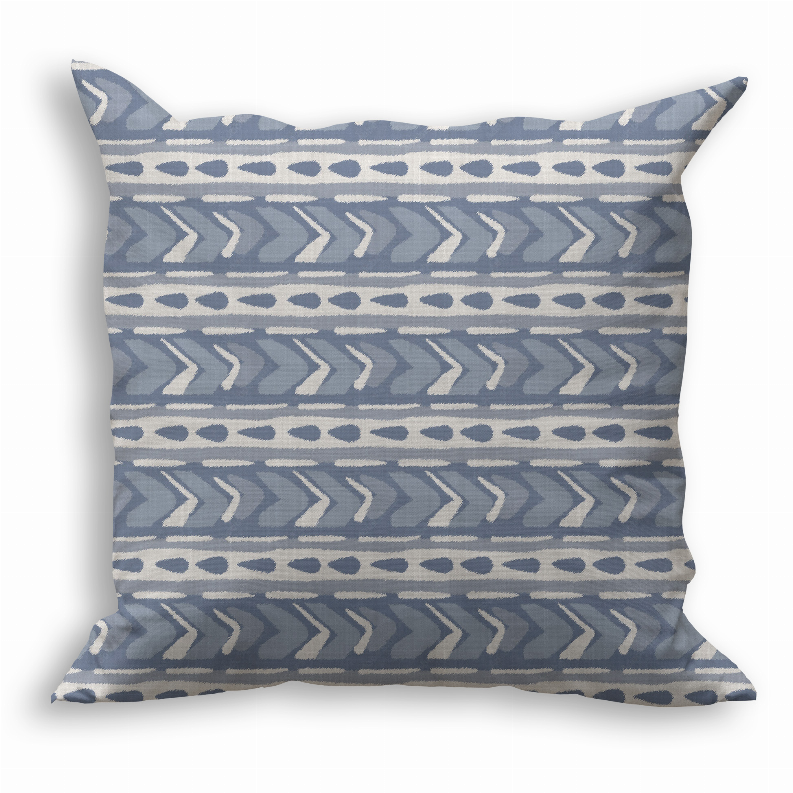 Blue and gray decorative throw pillow with repeating arrow and dot pattern