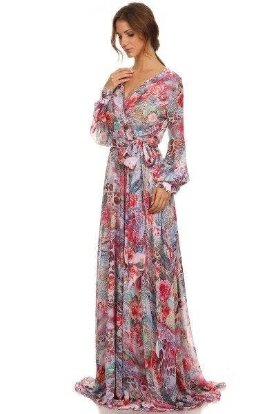 Floral maxi dress with V-neck and tie waist; long sleeves, front detail